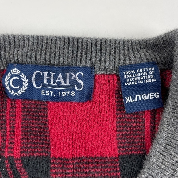 Chaps Sweater Mens XL Gray Red Plaid Elbow Patches Vneck - Picture 2 of 9